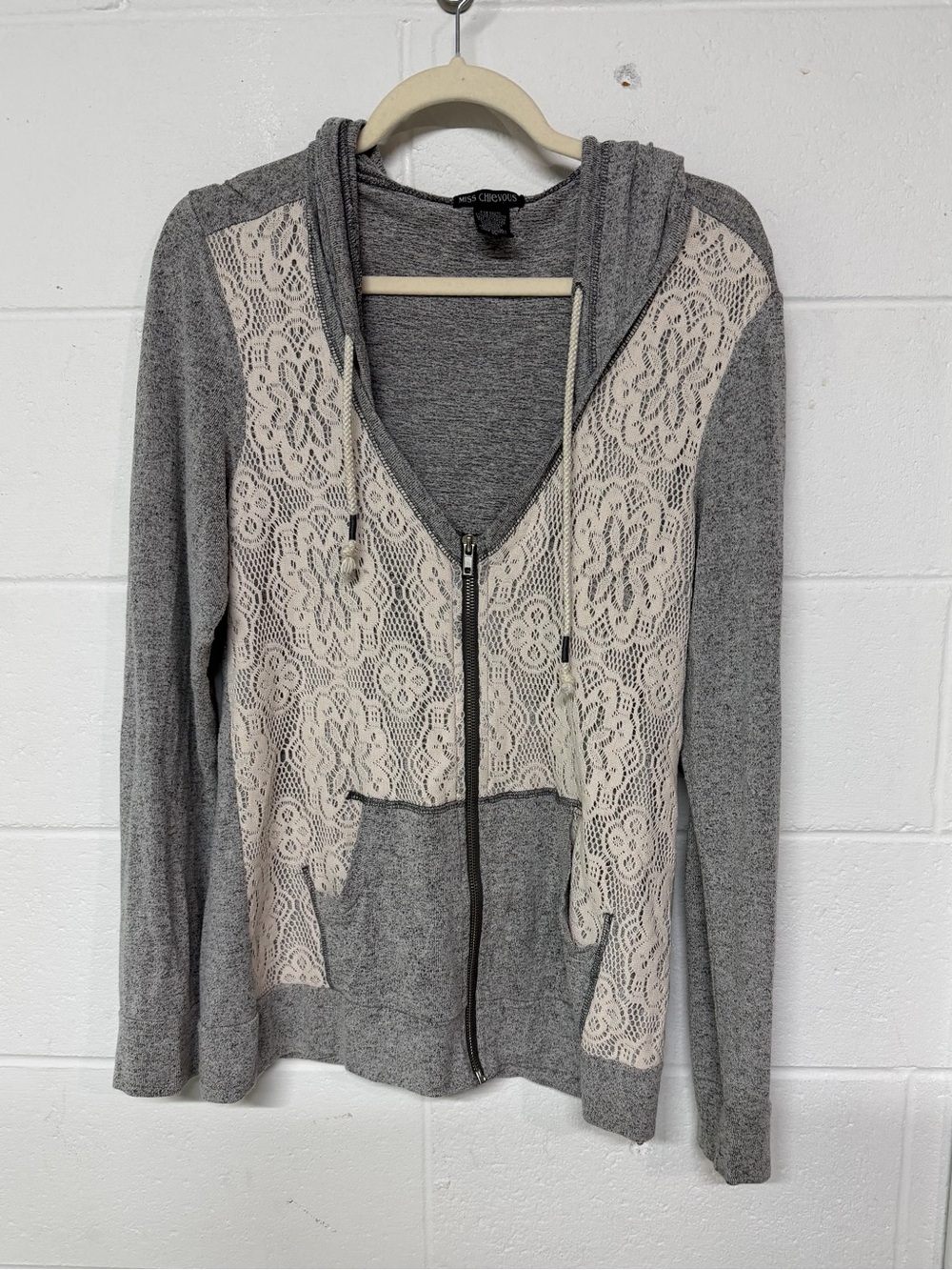 Miss Chievous Gray Hoodie with Cream Lace Front Zip